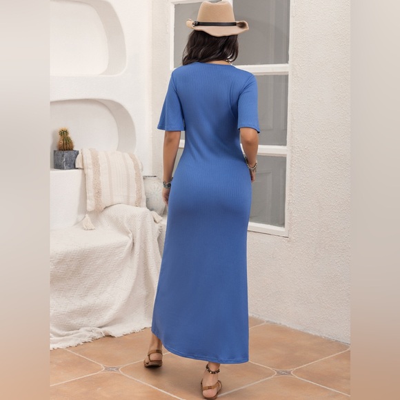 Slit Openwork V-Neck Half Sleeve Dress - Picture 2 of 8